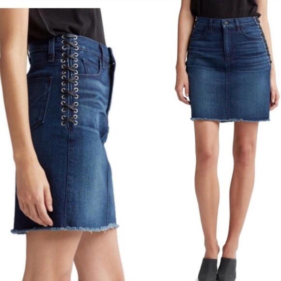 Hudson Jeans NWT XL High-Rise Lace-Up Blue Jean Grommet MOTO Mini Skirt 14 - Picture 1 of 10